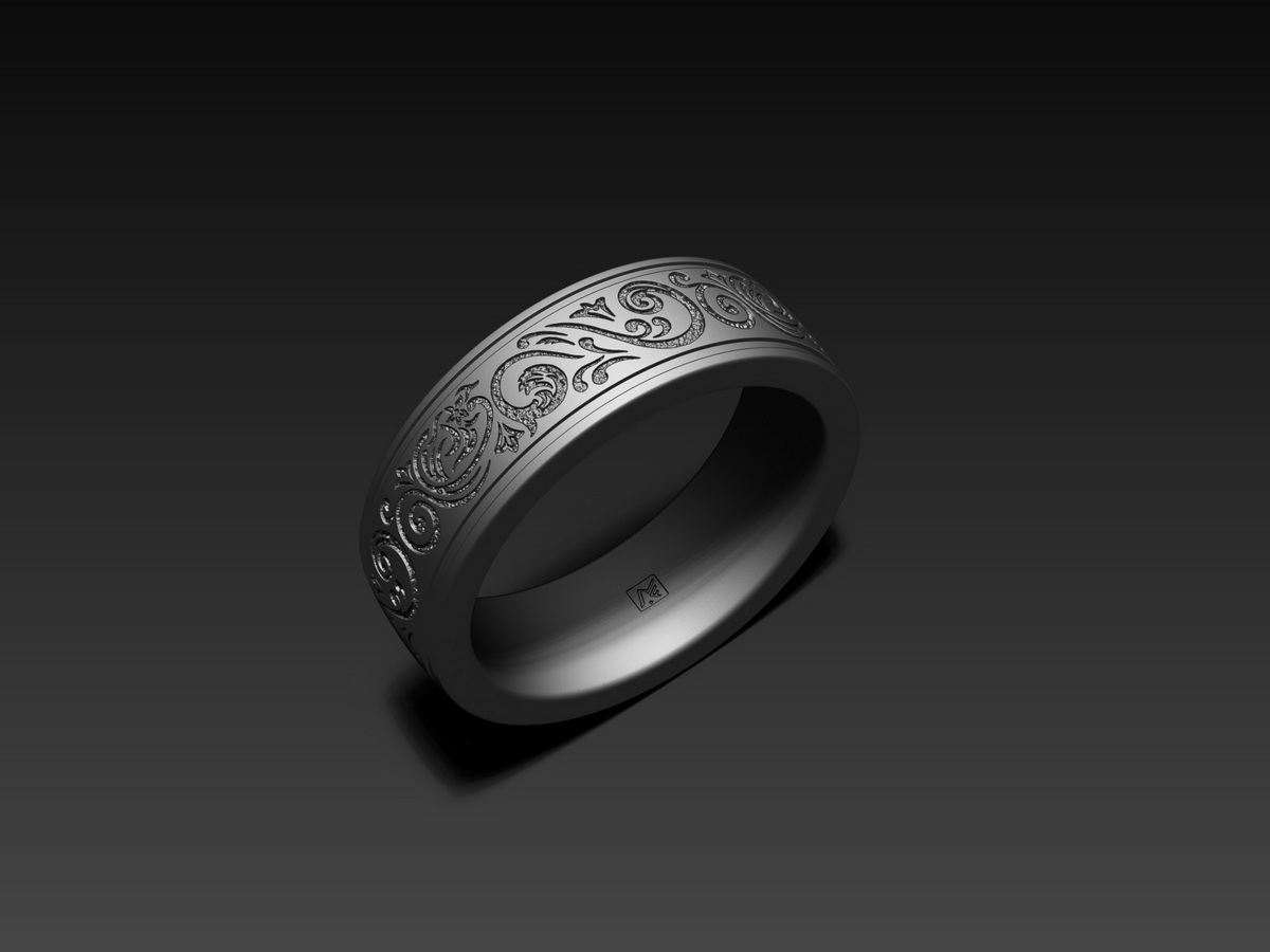 Ornamental ring with a deep engraved ornamental pattern shown from an alternate angle in a dark metal finish, revealing the depth and continuous flow of the design.
